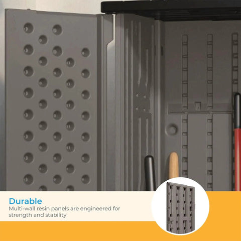 Close-up of Vertical Outdoor Storage Shed With 22 Cubic Feet Of Capacity showing multi-wall resin panels and interior details.