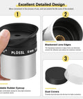6mm 1.25 Inch Plossl Eyepiece With Fully Multicoated Optics, 4-Element Plossl Design, includes foldable eyecup and dust covers