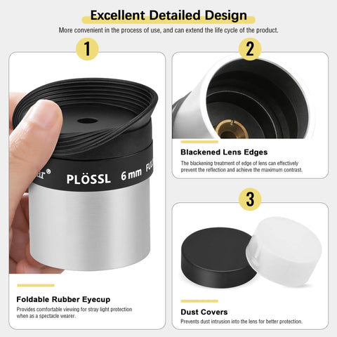 6mm 1.25 Inch Plossl Eyepiece With Fully Multicoated Optics, 4-Element Plossl Design, includes foldable eyecup and dust covers