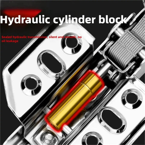 Close-up of 2 pcs cold rolled steel hydraulic cabinet door hinges with soft close damper for cupboards, highlighting cylinder block.