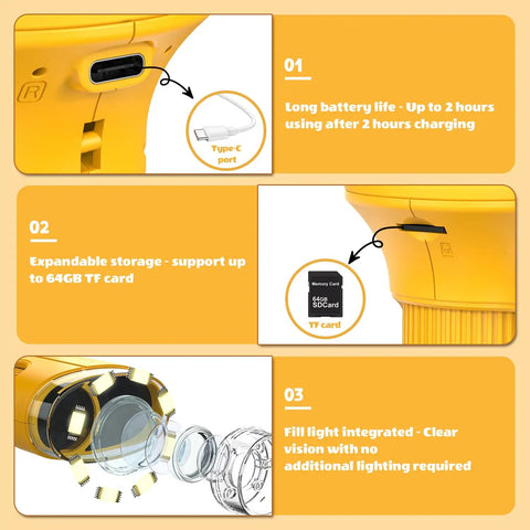 Ultimate Pocket Microscope For Kids With 1000X Zoom, 2.4 Inch HD Screen, showing battery port, SD card slot, and lens details