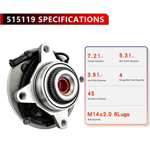 4WD Front Wheel Hub Bearing Assembly For Ford F150 2009 2010 6 Lug With ABS, flange and bolt specifications shown