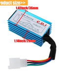 Racing 5 Pin AC CDI Box For GY6 Engines 50cc To 150cc with dimensions and visible wiring harness