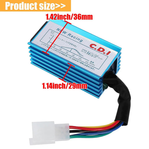 Racing 5 Pin AC CDI Box For GY6 Engines 50cc To 150cc with dimensions and visible wiring harness