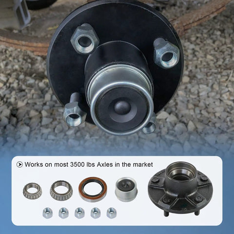 Trailer Idler Hub Kit Set Of 2 For 3500 Lb Axles, 5 On 5 Inch Bolt Pattern, One Half By Twenty Thread Size, parts displayed.