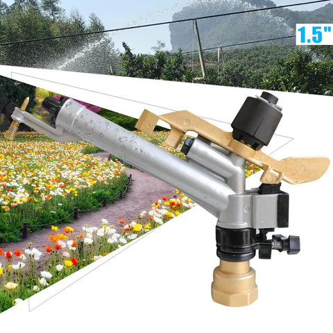 Top Pick Heavy Duty One Point Five Inch Impact Sprinkler For Backyard And Farm Irrigation Featuring 360 Degree Adjustable Head rugged zinc alloy body close-up in garden setting.
