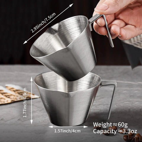 Two Pack Stainless Steel Espresso Cups With Handle And Double Spout Measuring Cup With Dual Scale 3.4 Oz 100 Ml V Shaped Mouth Durable Coffee Shot Glasses For Home Barista Vibe
