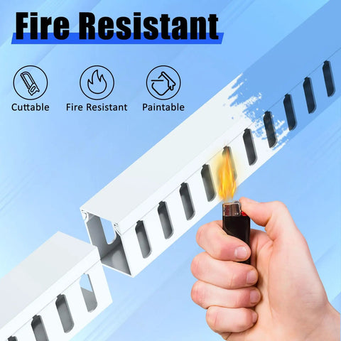 Under Desk Cable Management Kit With One Piece Raceway Channel White 123 Inch showing fire resistance feature with flame