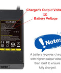 44V Lead Acid Battery Charger For 36V Scooters And E Bikes With 3 Pin Male XLR Connector, showing output and battery voltage note
