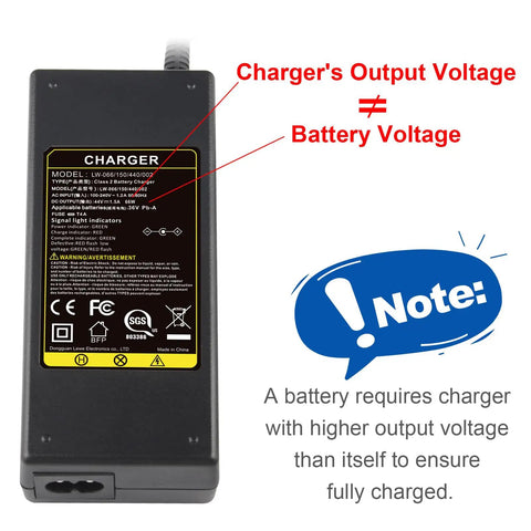 44V Lead Acid Battery Charger For 36V Scooters And E Bikes With 3 Pin Male XLR Connector, showing output and battery voltage note
