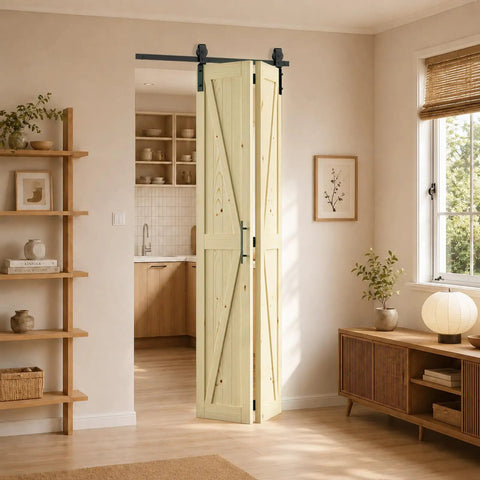 Top Shelf 30 By 84 Inch Bifold Barn Door Kit With Complete Mounting Hardware Straight Up Solid Pine Wood Folding Room Divider in living space.