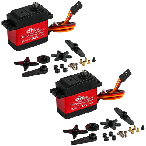 Two TD8135MG 360 Degree Continuous Rotation Servos with full metal gear, wires, and accessories for RC cars, 35kg.cm torque.