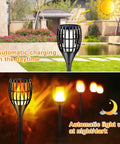 Sun Powered Solar Torch Lights With Realistic Flickering Flame Effect, Waterproof Outdoor Garden Landscape Lamps 43 Inches Tall, Dusk To Dawn Auto On Off, installed in a garden.