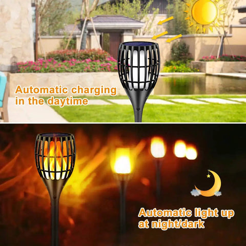 Sun Powered Solar Torch Lights With Realistic Flickering Flame Effect, Waterproof Outdoor Garden Landscape Lamps 43 Inches Tall, Dusk To Dawn Auto On Off, installed in a garden.
