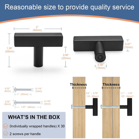 30 Pack Square Cabinet Knobs Slick Matte Black 2 Inch Length Single Hole Drawer Pulls dimensions and box contents