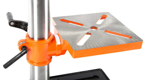 Knockout 10 Inch Benchtop Drill Press With 5 Variable Speeds Up To 3100 Rpm, 3.2 Amp Motor, Built In Laser Guide, Half Inch Keyless Chuck And Solid Cast Iron Table For Badass Weekend Warrior Shops, showing solid cast iron table close-up.