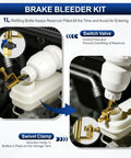 One Person Operation Pneumatic Brake Bleeder Kit With 1L Refilling Bottle and Vacuum Assist in use on automotive brake system.