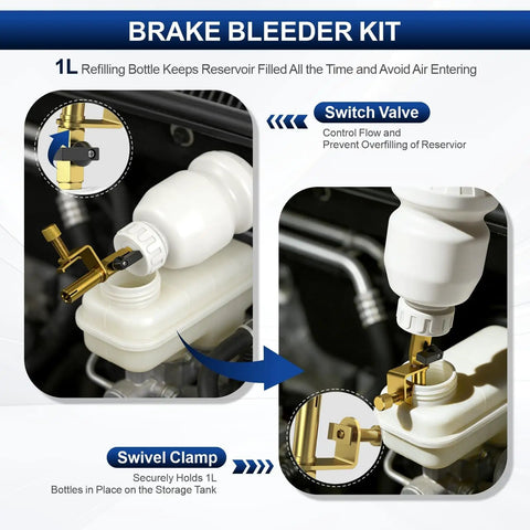 One Person Operation Pneumatic Brake Bleeder Kit With 1L Refilling Bottle and Vacuum Assist in use on automotive brake system.