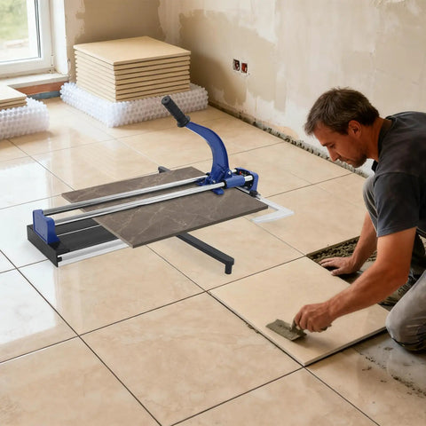 Heavy Duty 24 Inch Manual Tile Cutter For Ceramic And Porcelain Floors with tungsten blade cutting tile on the floor.