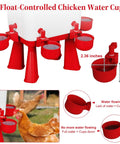 4 Float-Controlled Chicken Water Cups on a 3 Gallon Automatic Chicken Waterer, featuring red cups and float system.