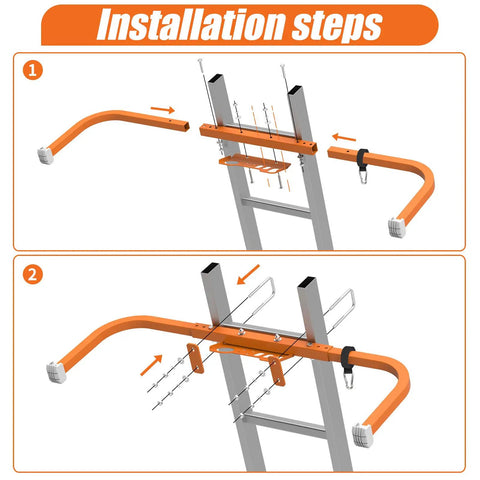 Heavy Duty Ladder Stabilizer With Tool Tray For Roof Gutter Cleaning Wing Span Stand Off Non Slip Rubber Bottom Feet Extended Ladder Accessory That Protects Walls From Scratches And Keeps Tools Handy installation steps on ladder