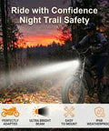 Rider using Off Road Ebike Headlight For 3 Pin Julet Systems IP68 Waterproof Front Lamp 12V 60V at dusk on a forest trail.