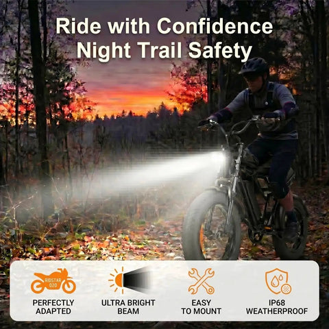 Rider using Off Road Ebike Headlight For 3 Pin Julet Systems IP68 Waterproof Front Lamp 12V 60V at dusk on a forest trail.