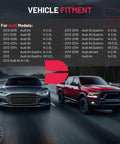 Vehicle fitment chart for Audi Engine Coolant Expansion Reservoir Overflow Tank Direct Fit Plug And Play for various Audi models.