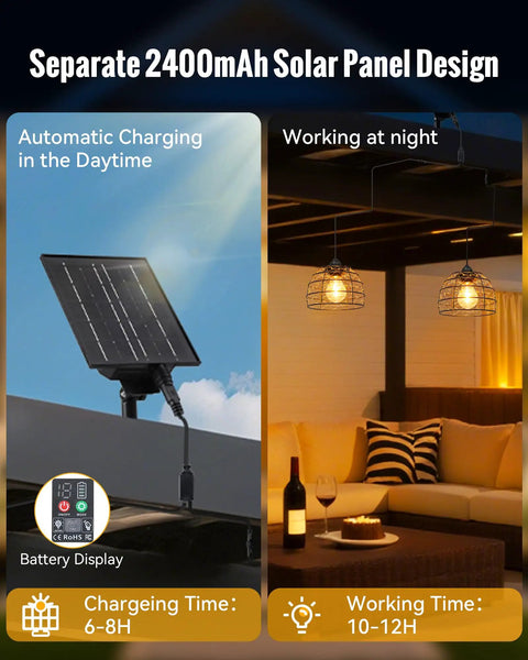 Separate 2400mAh solar panel for Top Rated Solar Pendant Chandelier Set Of Two With Smart Remote and Custom Hourly Timer.