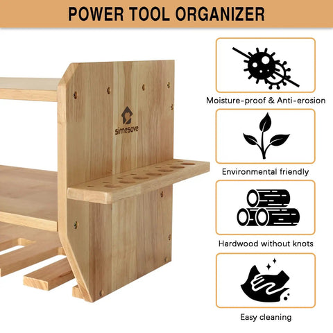 Heavy Duty Wall Mounted Power Tool Organizer With 12 Slots For Drill, Wrench, Screwdriver And Circular Saw, Solid Wood Charging Station