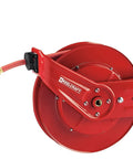 Top Shelf Wall Mount Hose Reel Built Like A Brick Handles Thirty Five Feet of Garden Hose with a red steel frame and hose.