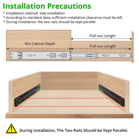 Installation guide for Heavy Duty Drawer Slides 14 Inch Full Extension Side Mount 100 Lb Per Pair Ball Bearing Steel Rails.