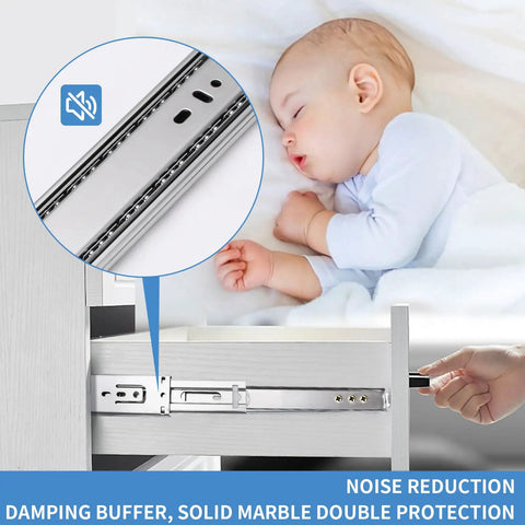 Quiet close feature of Six Pairs 20 Inch Soft Close Drawer Slides with child sleeping, noise reduction highlighted