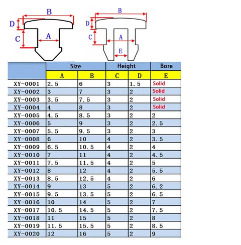 Size chart and design diagram for Five Pack Silicone Hole Plugs Snap On End Caps 2.5mm To 30mm Sealing Plugs For Round Holes.