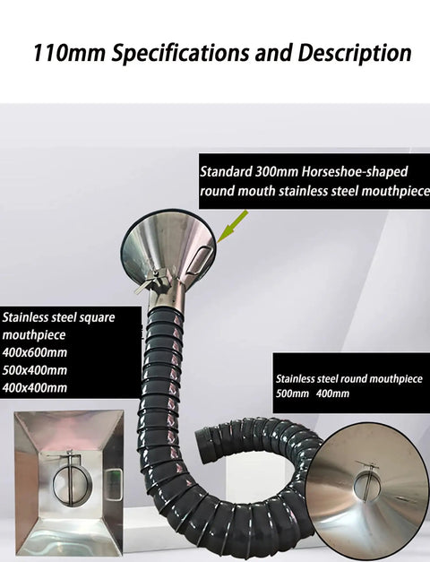 No Sweat Setup Heavy Duty Fume Extraction Arm 100 Cm Flexible Dust Collection Hose for Industrial Welding and Laser Marking, features stainless steel mouthpieces