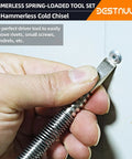 Hand using All-In-One 4 Piece Nail Setter Kit hammerless cold chisel to remove rivets.