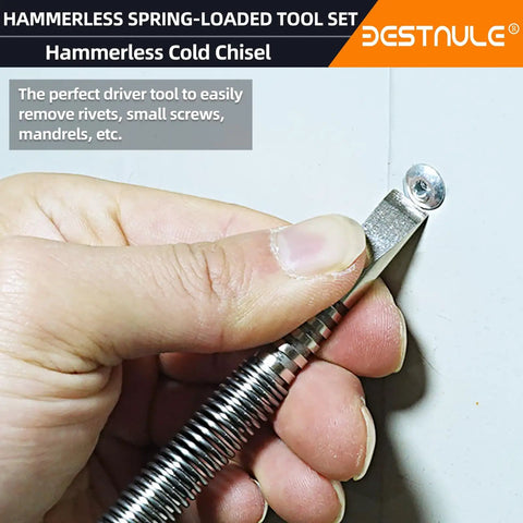 Hand using All-In-One 4 Piece Nail Setter Kit hammerless cold chisel to remove rivets.