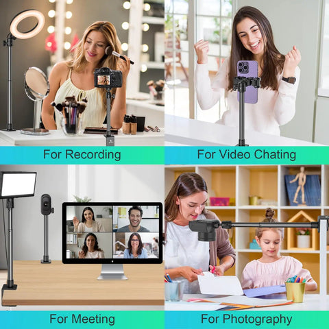 Durable Adjustable Camera Desk Mount Stand With Quarter Inch Screw And C Clamp For Overhead Tabletop Use, Vlog Rig shown in varied uses.
