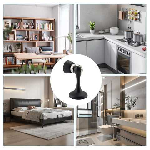 Heavy Duty Magnetic Door Stopper Keeps Interior Doors Securely Open Wall Mount with a rugged matte black zinc base in modern room settings.