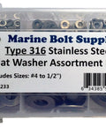 Front view of Marine Bolt Supply Type 316 stainless steel flat washer assortment kit in plastic case (sizes #4 to 1/2").