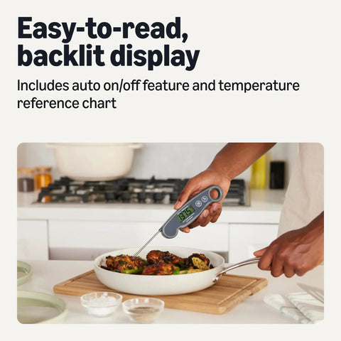 Person using Instant Read Digital Meat Thermometer With Water Resistant Design, Ultra Fast Two To Three Second Readouts in kitchen
