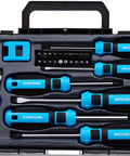Magnetic Screwdriver Set 29 Piece With Assorted Bits Including Phillips Slotted Star Hex And Square Magnetizer Demagnetizer And Storage Case All In One Home Repair Hand Tool Kit For Quick Fixes And Everyday Projects in a black case showing various screwdrivers and bits with blue handles.