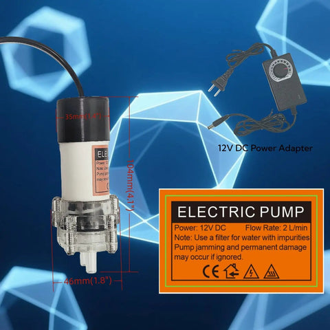 Food Grade Electric Water Transfer Pump With Hassle Free Adjustable Flow For 5 Gallon Jugs showing dimensions and power adapter.