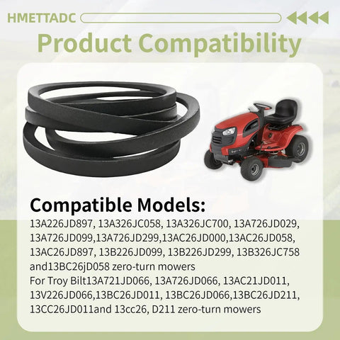 Heavy Duty Lawn Mower Drive Belt One Half Inch By Forty Three Point Five Inch Fits Cub Cadet MTD Troy Bilt CC30 CC30H TB30 TB30R And Craftsman R Series Two Pack Replaces 75405001 And 95405001 shown beside a red lawn mower