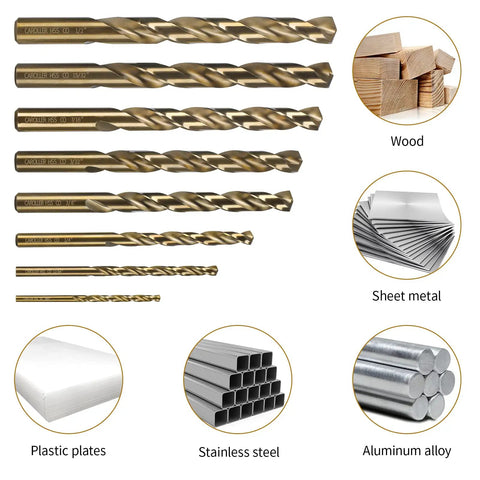 29 Piece M35 Cobalt Drill Bit Set For Steel Wood Plastic Sheet Metal With Durable Round Shank And Cup Type Holder Ideal For Pros And DIYers Built For Tough Metal And Hardwood Jobs With Practical Cup Organizer For Easy Transport with specific uses for wood, sheet metal, plastic, stainless steel, aluminum.
