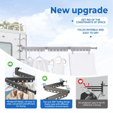 Heavy Duty RV Clothes Drying Rack With Four Telescoping Sections, 180 Degree And 360 Degree Rotations, Windproof Design installation