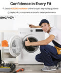 Technician with toolbox beside washing machine for Beefed Up Dryer Repair Kit With W10837240 W10314173 Idler Pulley And Drum Rollers 661570V Belt For Whirlpool Cabrio Duet Kenmore Elite And Maytag Bravos installation.