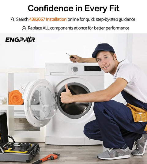 Technician with toolbox beside washing machine for Beefed Up Dryer Repair Kit With W10837240 W10314173 Idler Pulley And Drum Rollers 661570V Belt For Whirlpool Cabrio Duet Kenmore Elite And Maytag Bravos installation.