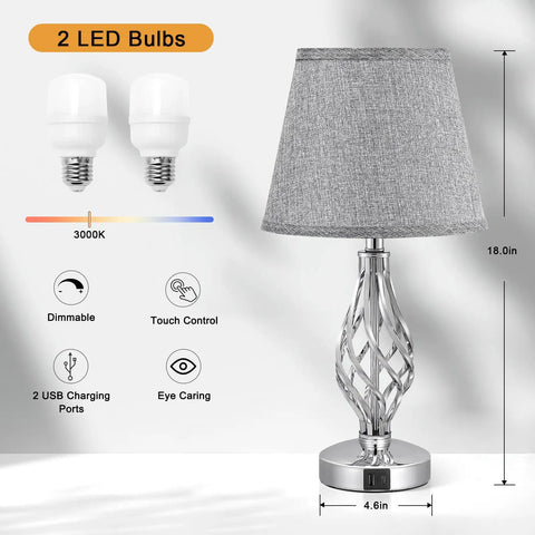 Two Pack Touch Table Lamps For Bedside With USB C Charging Ports, 3 Way Dimmable Table Lamps, Space Saving Spiral Cage Base
