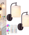 MATAMEYE Battery Operated Wall Sconce Set of 2, Dark Chocolate Wall Light with remote, lamp shade, and colorful LED bulbs.
